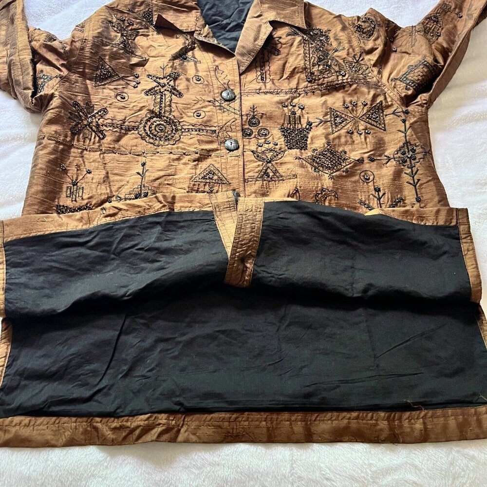 Chico's Design Womens Size 1 Silk Jacket Beaded Embroidered Bronze Shimmer Brown - Picture 8 of 8